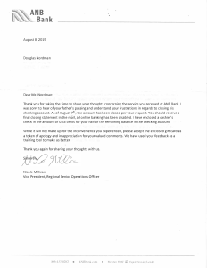 Image of letter from ANB Bank apologizing for handling Dad's estate. | The-Military-Guide.com