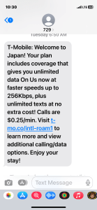 Image of smartphone screen welcoming a T-Mobile customer to Japan, with free bandwidth and texts. | MilitaryFinancialIndependence.com