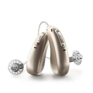 Image of a pair of bronze Phonak Audeo L90-RL hearing aids with earlobe wiring and open cone covers. | MilitaryFinancialIndependence.com