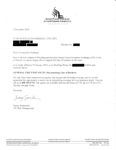 Image of letter from Armed Forces Insurance canceling our homeowner's insurance policy with six weeks' notice. | MilitaryFinancialIndependence.com
