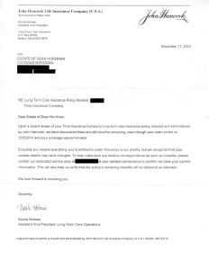 I almost threw this away without opening, because it looked like an unsolicited mail offer... except for the "Estate Of" header. Image of a December 2024 letter from John Hancock Long-Term Care insurance team notifying Estate Of Dean Nordman of remaining benefits from a 2011 claim that finished paying in 2014. | MilitaryFinancialIndependence.com