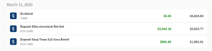 Yep, that's my Navy Federal Checking Account too. I don't receive CRDP or CRSC so there are only two monthly deposits. Screenshot of a checking account showing two electronic deposits from the Defense Finance Accounting Service, with one for retirement pay and the other one from the VA (through DFAS) for disability compensation. | MilitaryFinancialIndependence.com