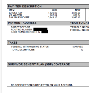 Yes, this is my eRAS. Screenshot of a typical U.S. military electronic Retiree Account Statement showing deposits for gross pay, VA disability compensation, and Survivor Benefits Plan premiums. In this case there are no SBP elections, so no premiums. | MilitaryFinancialIndependence.com