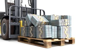 Image of a forklift delivering a pallet of large stacks of cash. | MilitaryFinancialIndependence.com